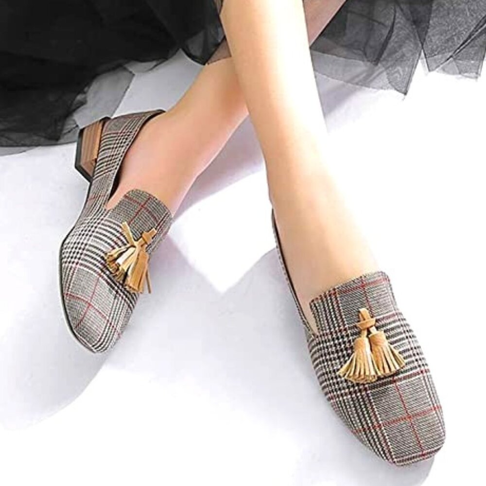 British Style Square Toe Plaid Shoes flats Tassels Loafers size 4.5-5